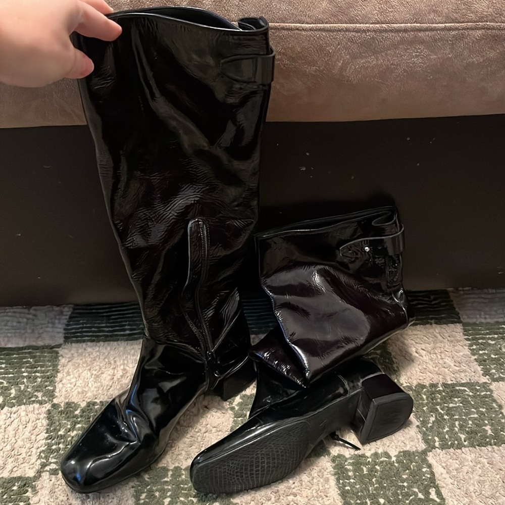 Stuart Weitzman black patent leather square toe boots
